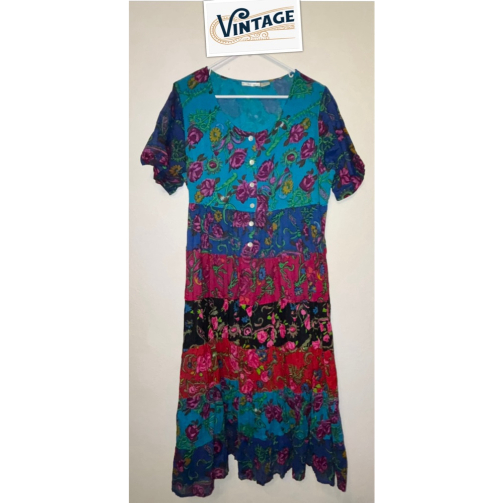 Vintage LA Cera 90's Boho Cottage Patchwork Midi Dress Med-Loose Whimsical Fit